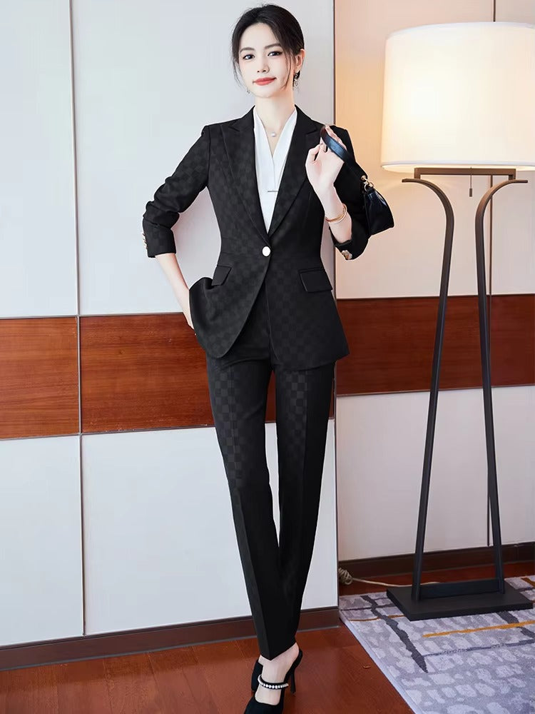 Elegant Plaid Notched Business Work Wear Jacket Blazer pencil pants Formal 2 Piece Pant Suit Mssza