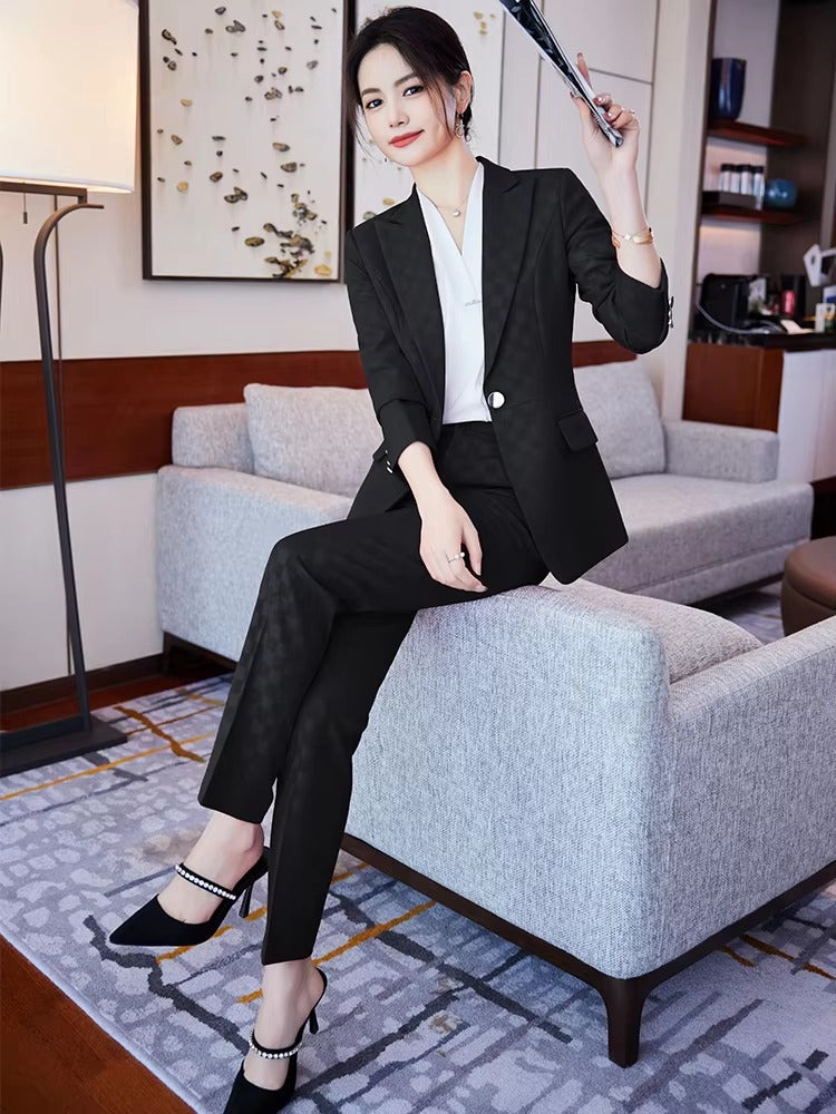 Elegant Plaid Notched Business Work Wear Jacket Blazer pencil pants Formal 2 Piece Pant Suit Mssza