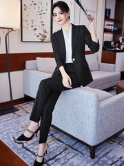 Elegant Plaid Notched Business Work Wear Jacket Blazer pencil pants Formal 2 Piece Pant Suit Mssza