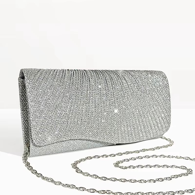 Elegant Pleated Long Chain Party Evening Diamond Wedding Clutch Mssza