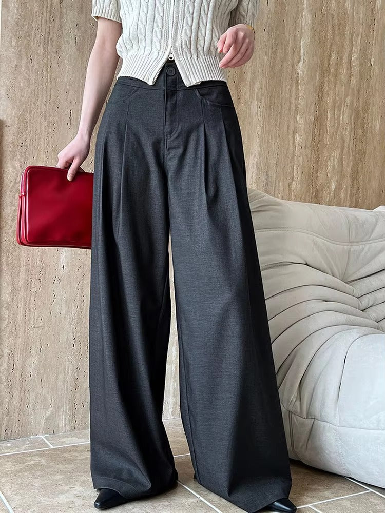 Elegant Pleated Long Wide Leg High Waist Pocket Trousers Pants Mssza