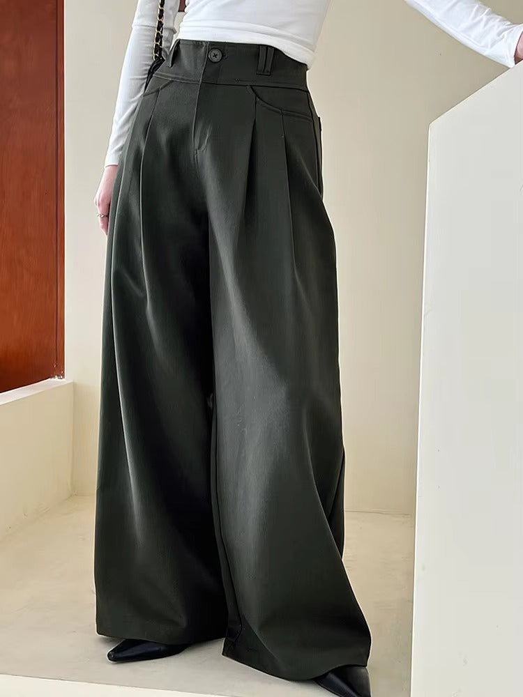 Elegant Pleated Long Wide Leg High Waist Pocket Trousers Pants Mssza