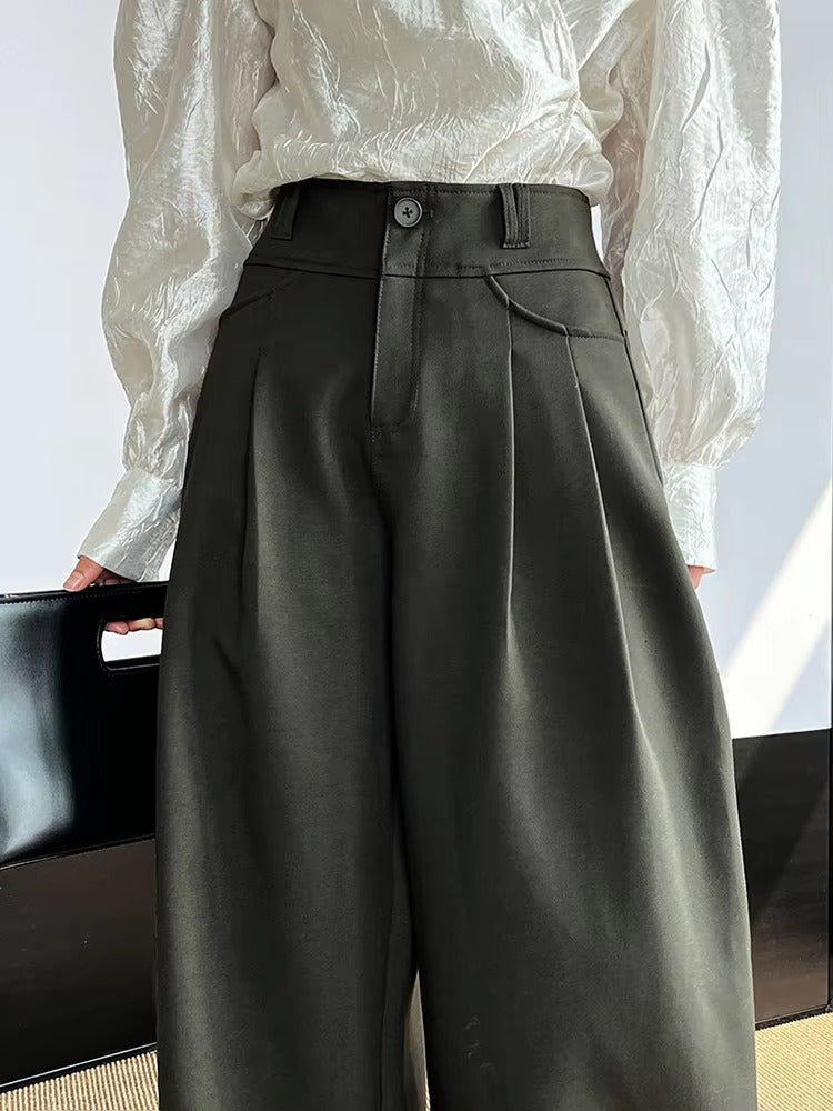 Elegant Pleated Long Wide Leg High Waist Pocket Trousers Pants Mssza