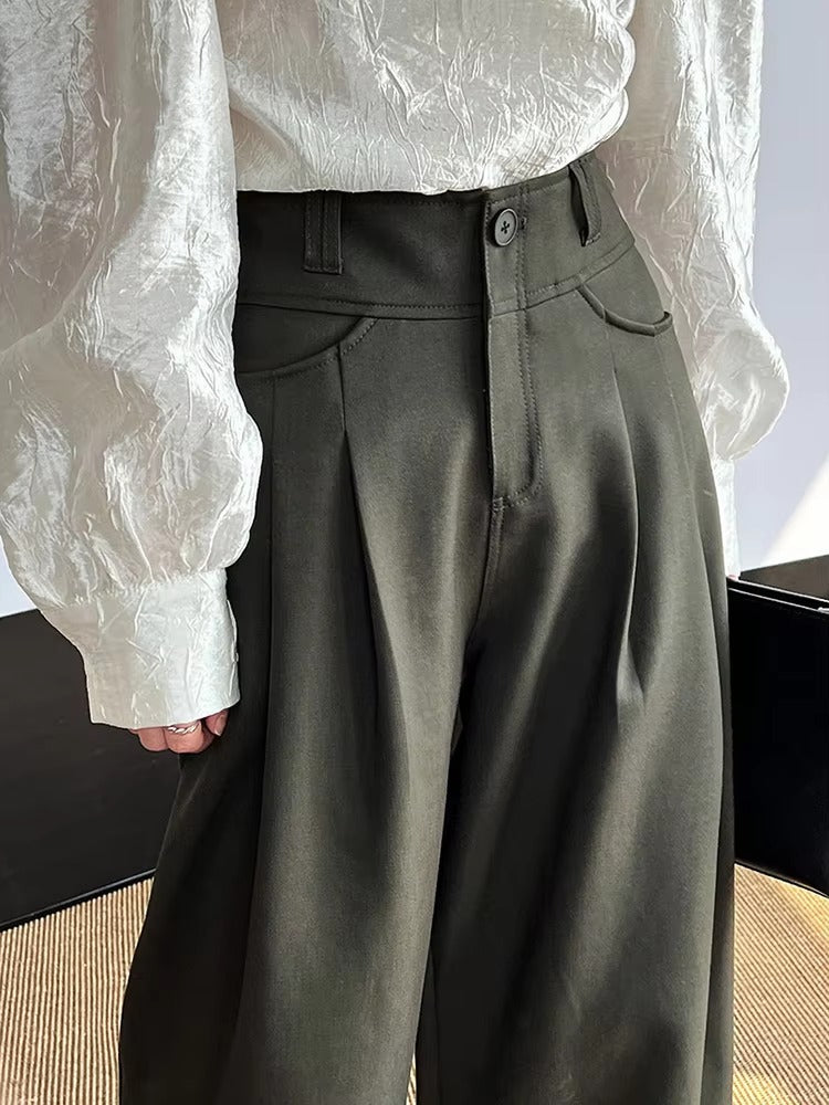 Elegant Pleated Long Wide Leg High Waist Pocket Trousers Pants Mssza