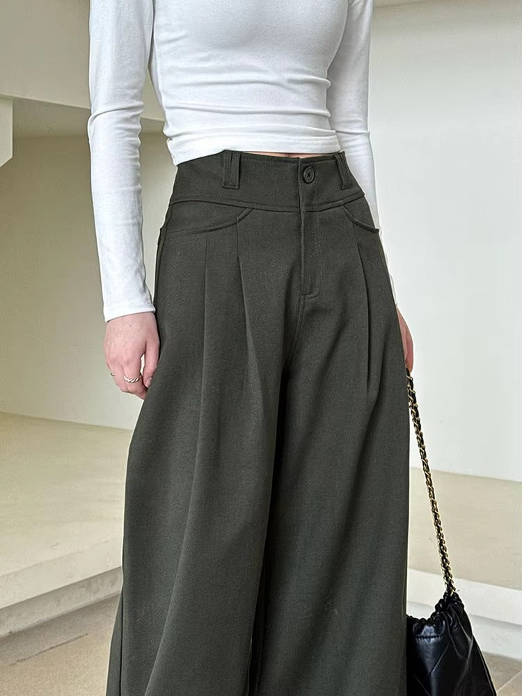 Elegant Pleated Long Wide Leg High Waist Pocket Trousers Pants Mssza