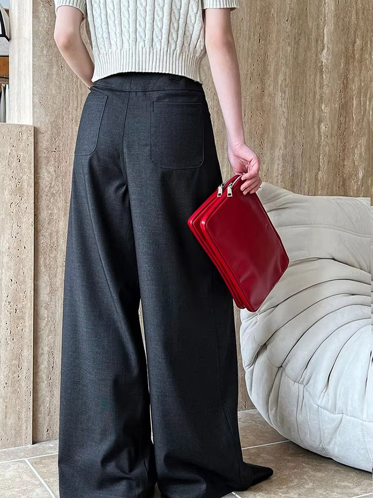 Elegant Pleated Long Wide Leg High Waist Pocket Trousers Pants Mssza