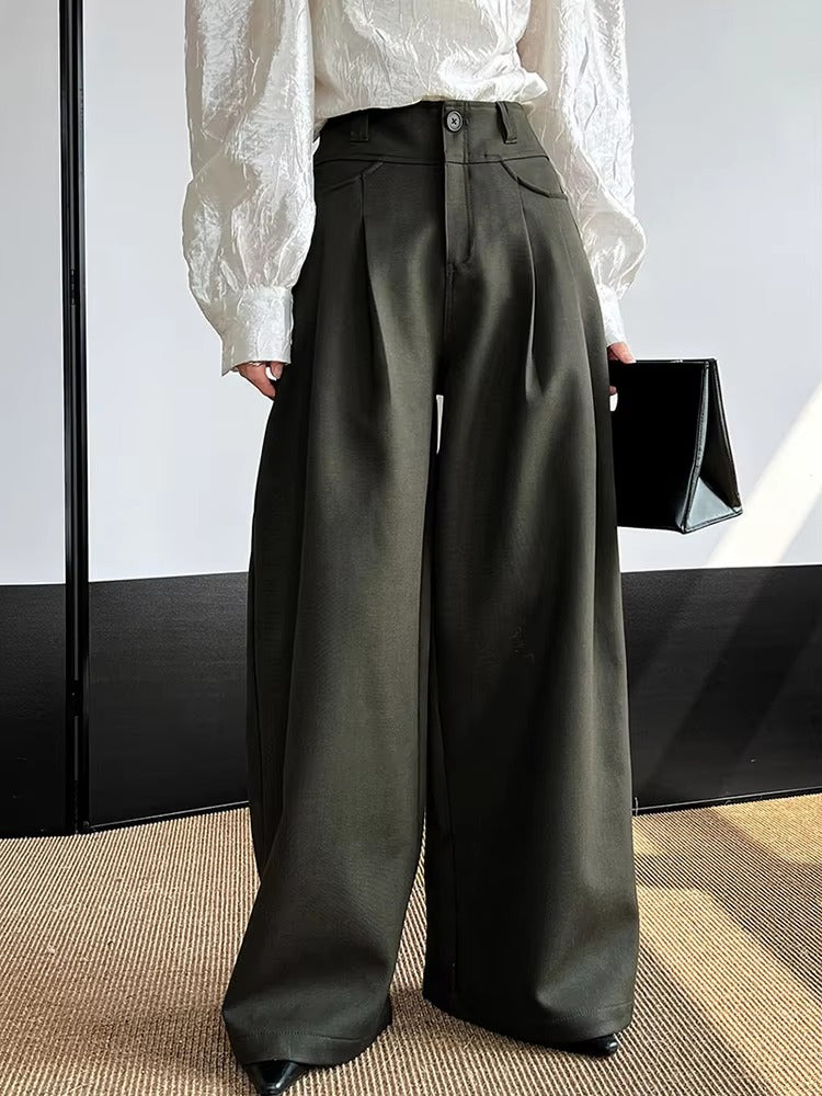 Elegant Pleated Long Wide Leg High Waist Pocket Trousers Pants Mssza