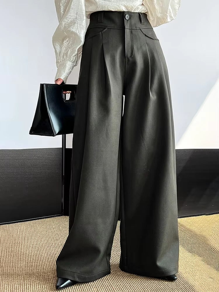 Elegant Pleated Long Wide Leg High Waist Pocket Trousers Pants Mssza