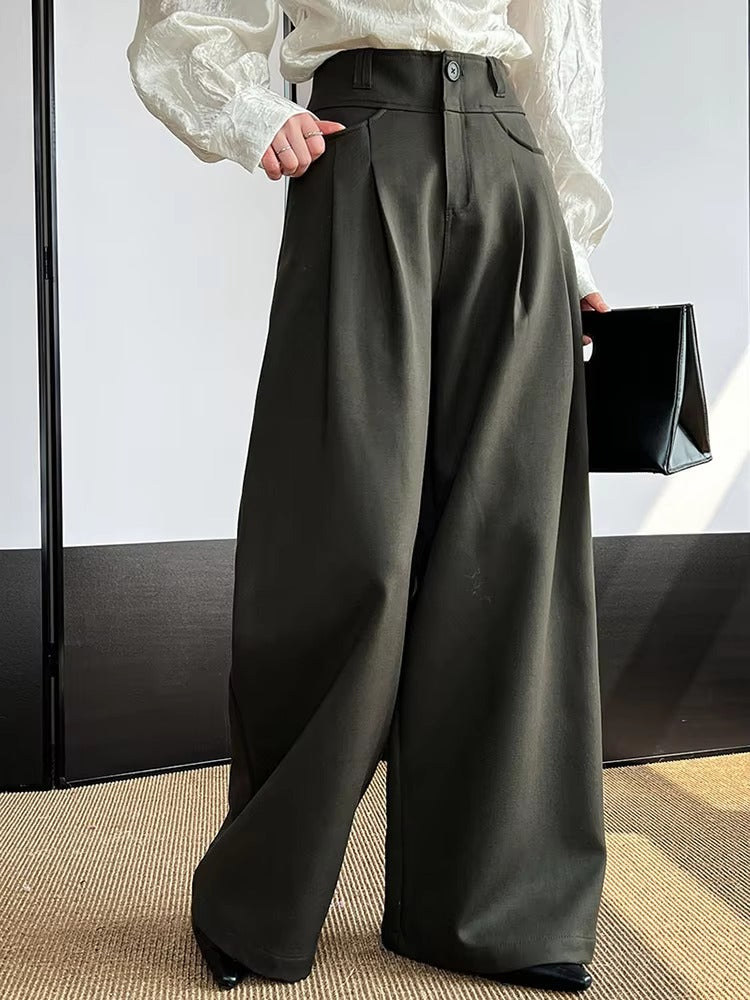 Elegant Pleated Long Wide Leg High Waist Pocket Trousers Pants Mssza