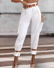 Elegant Pocket Button Streetwear Trousers High Waist Slim Casual Pants Mssza