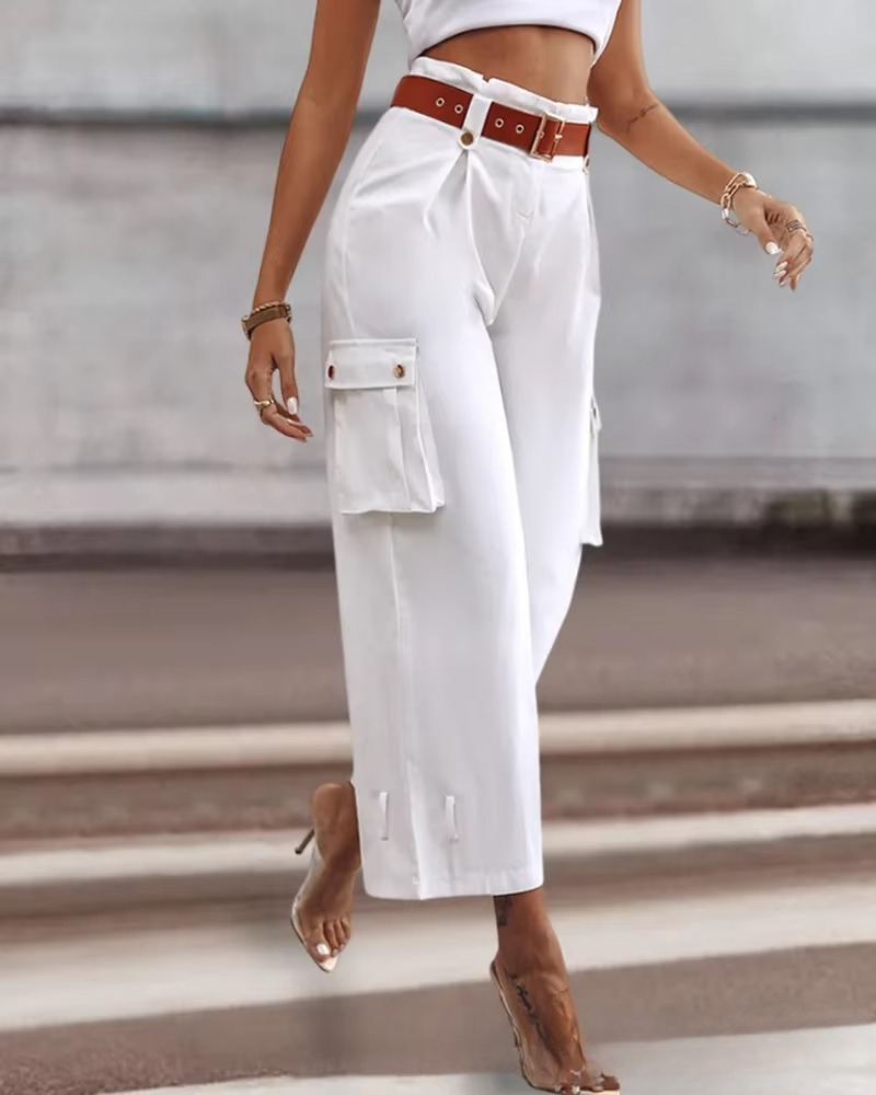 Elegant Pocket Button Streetwear Trousers High Waist Slim Casual Pants Mssza