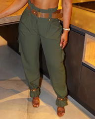 Elegant Pocket Button Streetwear Trousers High Waist Slim Casual Pants Mssza