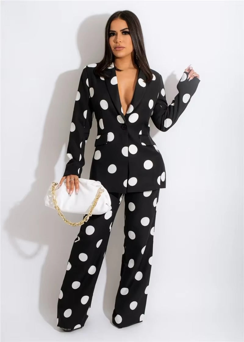 Elegant Polka Dot Print Blazer Coat Pants Suits Two Piece Set Mssza