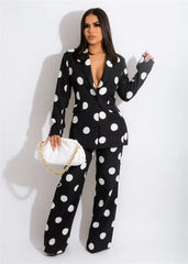 Elegant Polka Dot Print Blazer Coat Pants Suits Two Piece Set Mssza