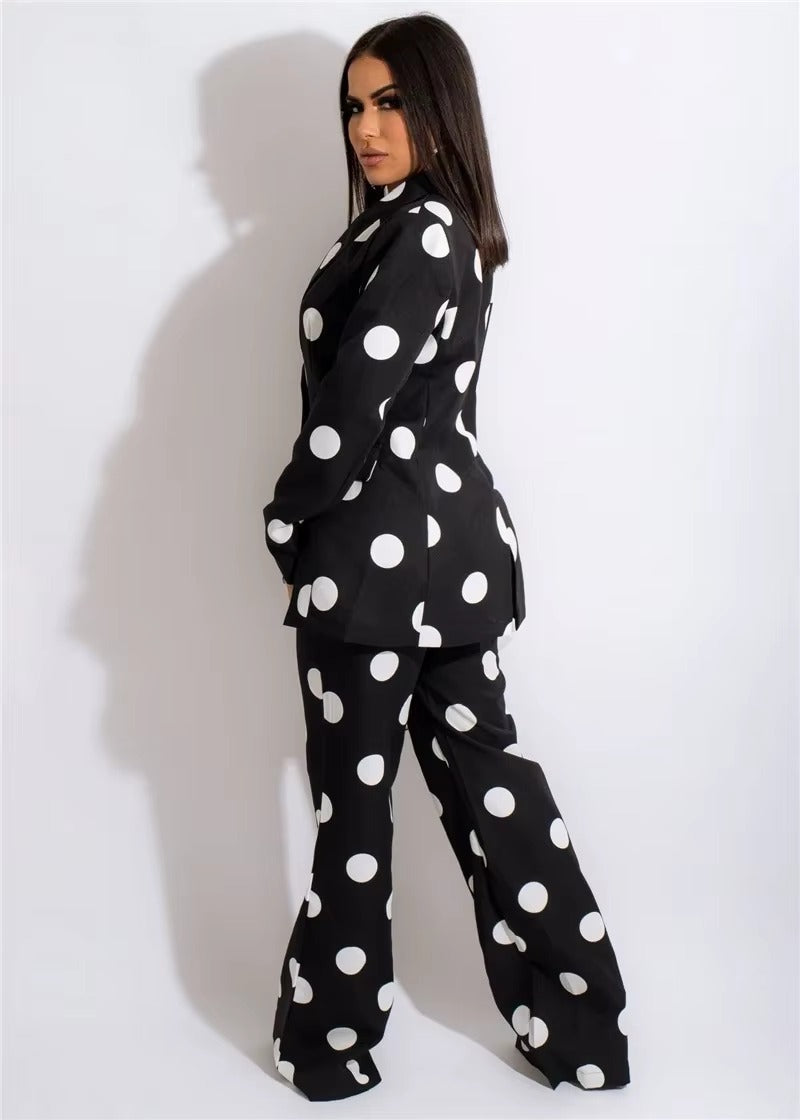 Elegant Polka Dot Print Blazer Coat Pants Suits Two Piece Set Mssza
