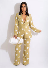 Elegant Polka Dot Print Blazer Coat Pants Suits Two Piece Set Mssza