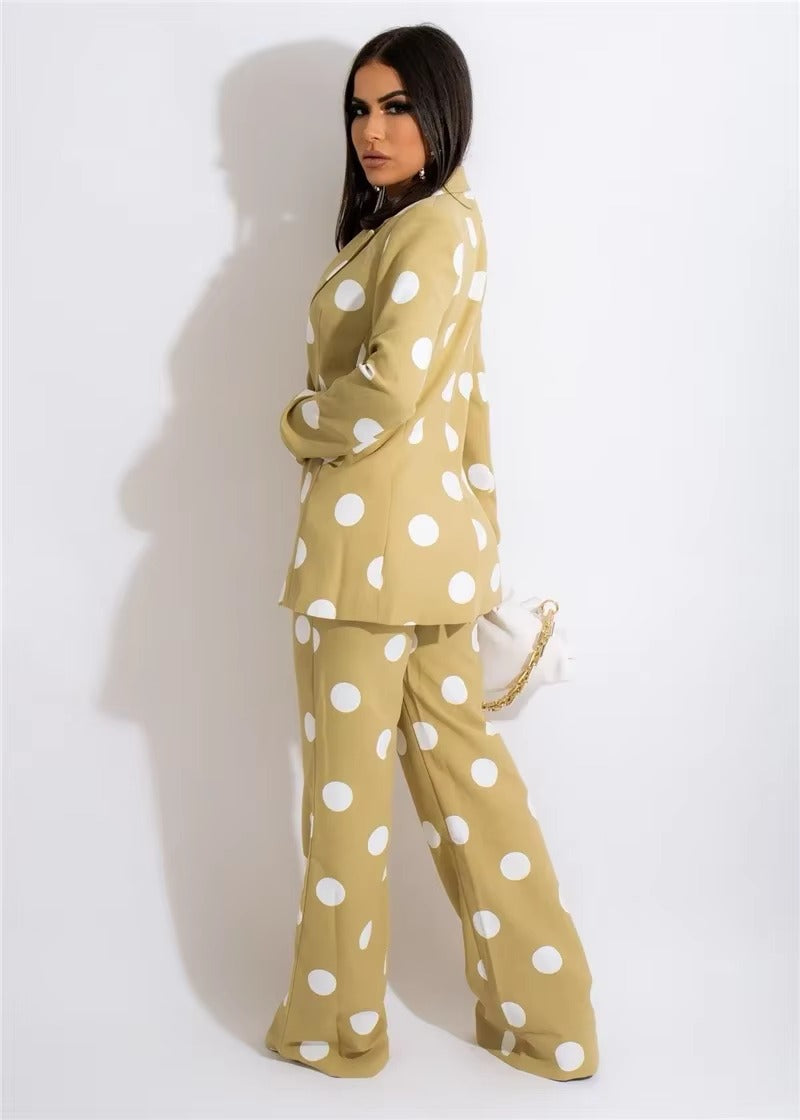 Elegant Polka Dot Print Blazer Coat Pants Suits Two Piece Set Mssza