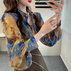 Elegant Polo Neck Long Sleeved Printed Loose Blouse Mssza