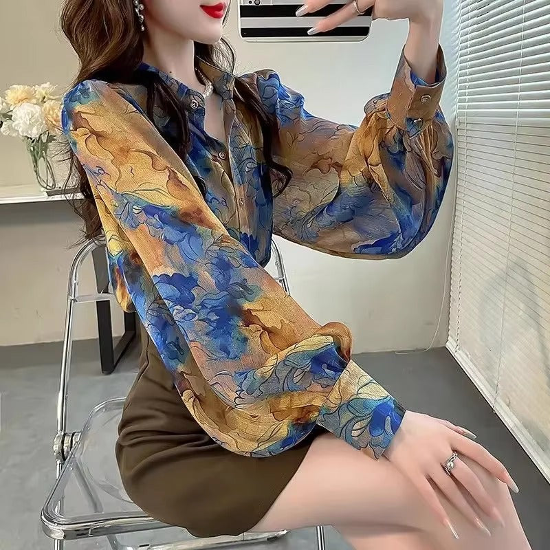Elegant Polo Neck Long Sleeved Printed Loose Blouse Mssza