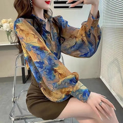 Elegant Polo Neck Long Sleeved Printed Loose Blouse Mssza