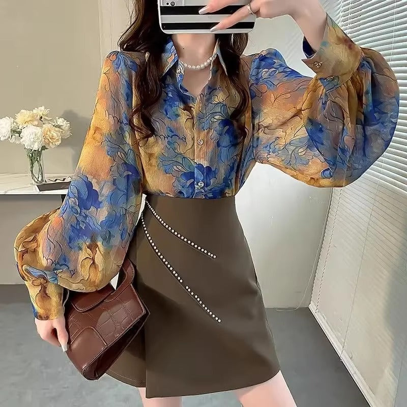 Elegant Polo Neck Long Sleeved Printed Loose Blouse Mssza