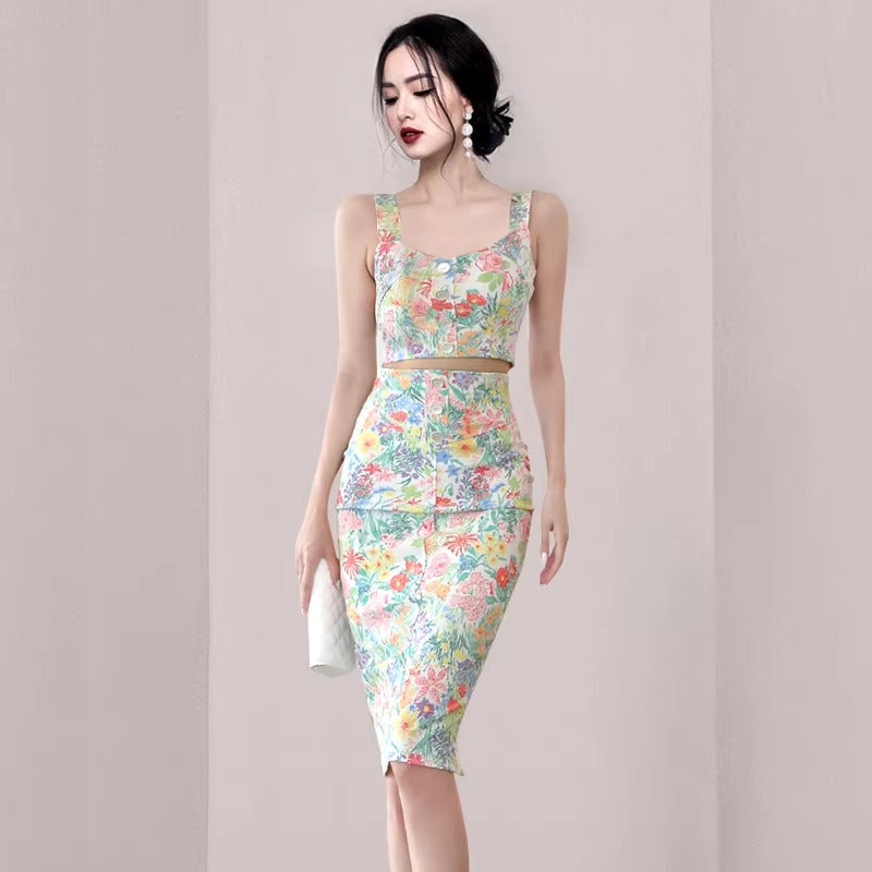 Elegant Print Crop Top Vest Camisous Party Two Piece Set Pencil Skirts Sets Mssza