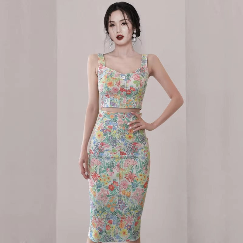 Elegant Print Crop Top Vest Camisous Party Two Piece Set Pencil Skirts Sets Mssza