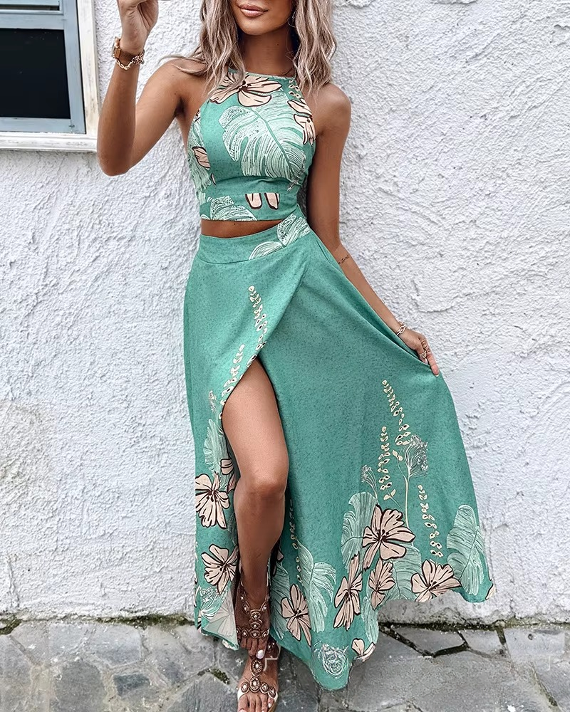 Elegant Print Floral Splice Casual Backless Sleeveless Halter Sling Tops A Line Long Skirts Two Piece Sets Mssza