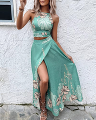 Elegant Print Floral Splice Casual Backless Sleeveless Halter Sling Tops A Line Long Skirts Two Piece Sets Mssza