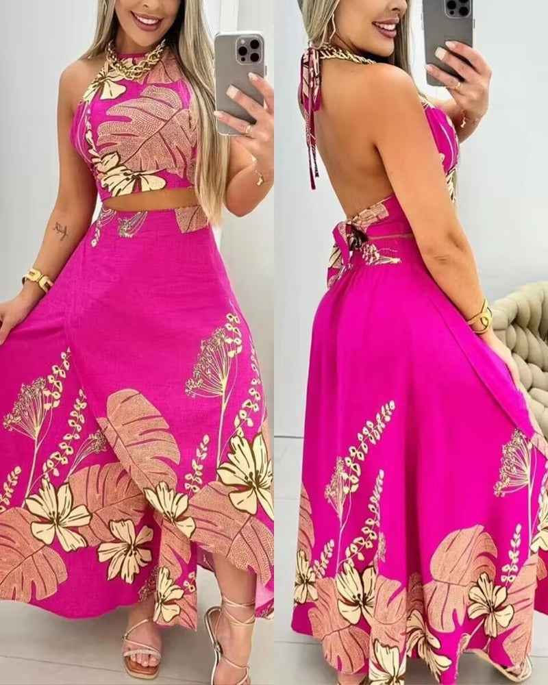 Elegant Print Floral Splice Casual Backless Sleeveless Halter Sling Tops A Line Long Skirts Two Piece Sets Mssza
