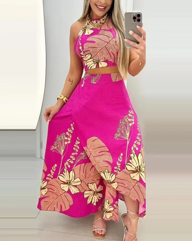 Elegant Print Floral Splice Casual Backless Sleeveless Halter Sling Tops A Line Long Skirts Two Piece Sets Mssza