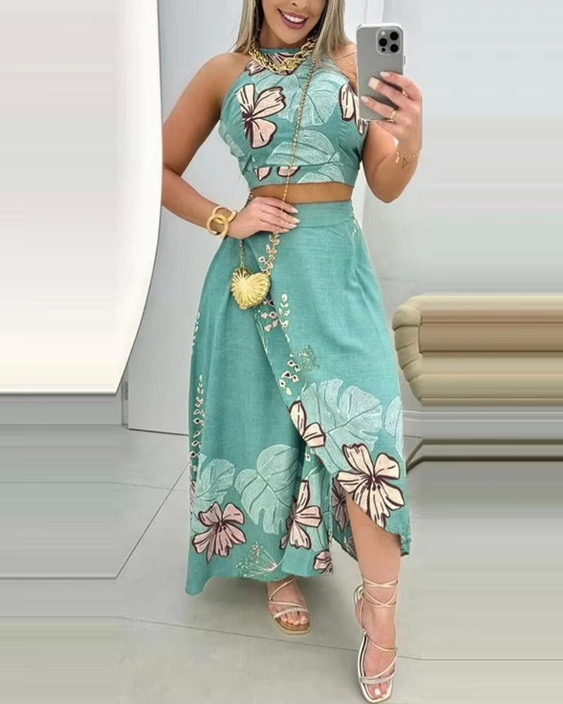 Elegant Print Floral Splice Casual Backless Sleeveless Halter Sling Tops A Line Long Skirts Two Piece Sets Mssza