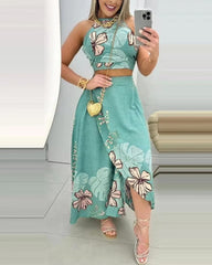 Elegant Print Floral Splice Casual Backless Sleeveless Halter Sling Tops A Line Long Skirts Two Piece Sets Mssza