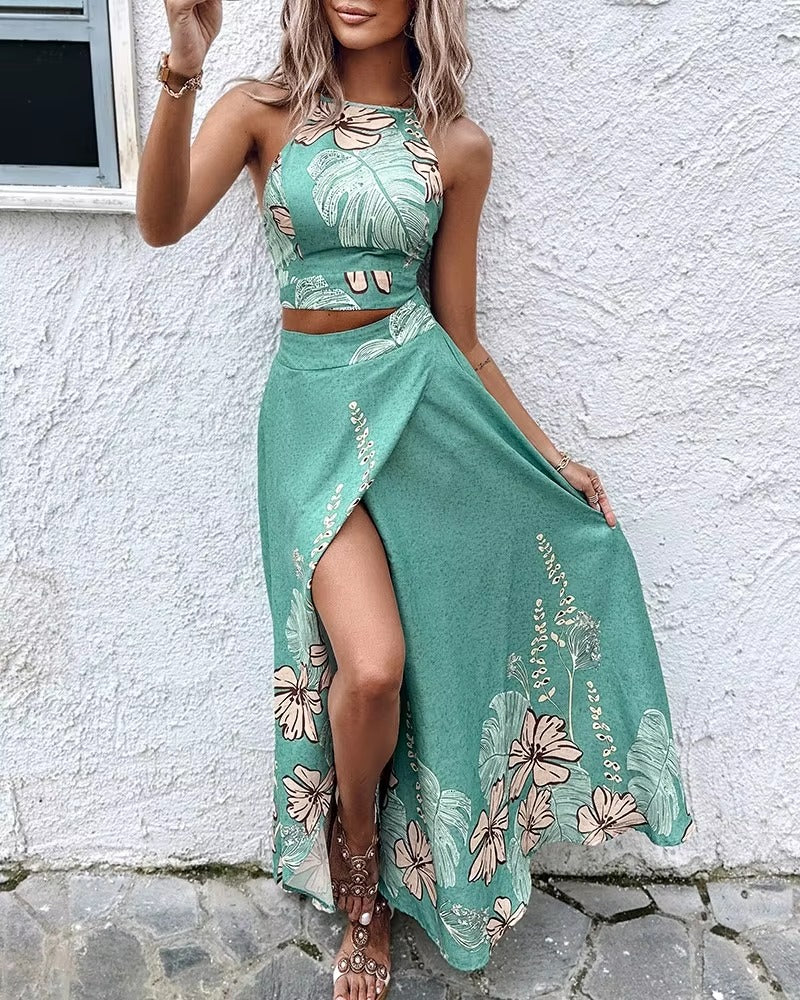Elegant Print Floral Splice Casual Backless Sleeveless Halter Sling Tops A Line Long Skirts Two Piece Sets Mssza