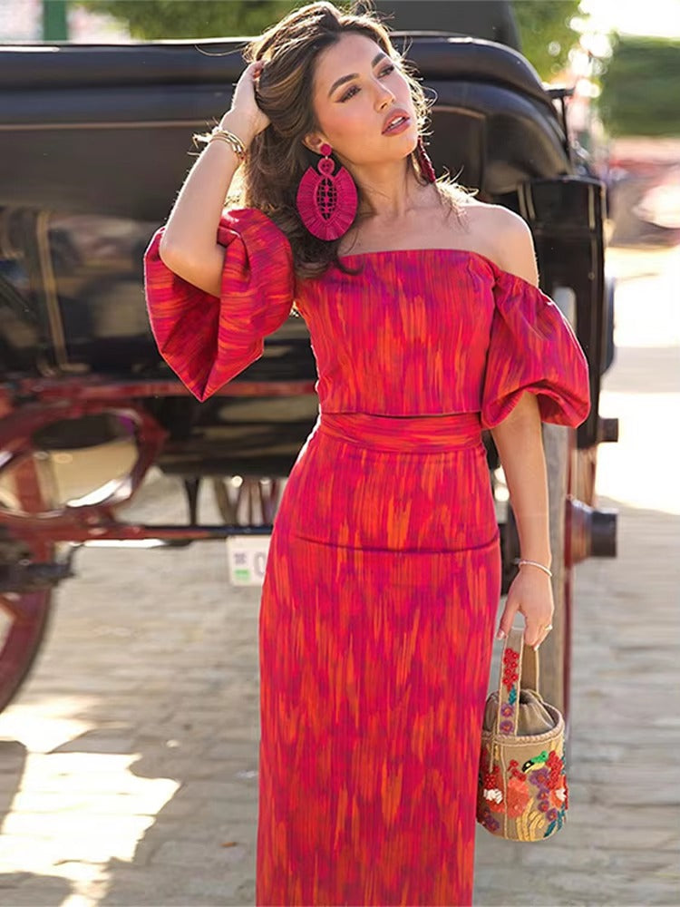 Elegant Print Slash Neck Off Shoulde Puff Sleeve Tops High Waist Skirts Mssza