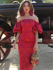 Elegant Print Slash Neck Off Shoulde Puff Sleeve Tops High Waist Skirts Mssza