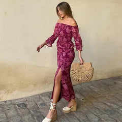 Elegant Print Slash Neck Strapless Backless Lantern Sleeve Tops High Waist Split Skirt Sets Mssza