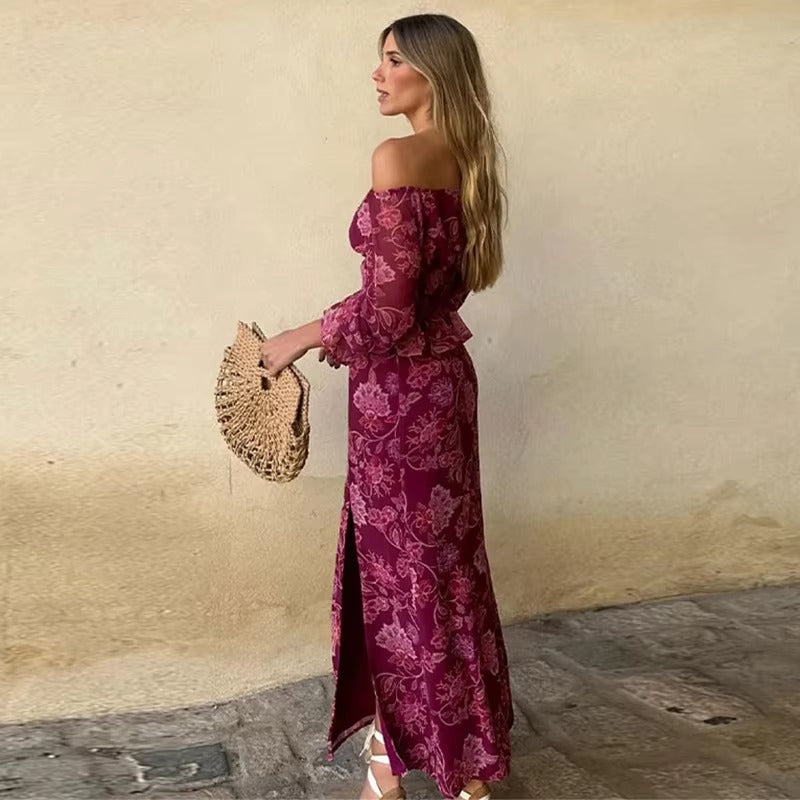 Elegant Print Slash Neck Strapless Backless Lantern Sleeve Tops High Waist Split Skirt Sets Mssza