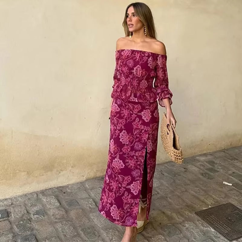 Elegant Print Slash Neck Strapless Backless Lantern Sleeve Tops High Waist Split Skirt Sets Mssza