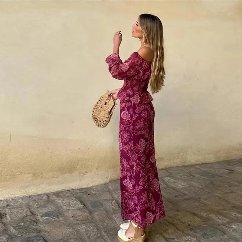 Elegant Print Slash Neck Strapless Backless Lantern Sleeve Tops High Waist Split Skirt Sets Mssza