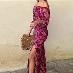 Elegant Print Slash Neck Strapless Backless Lantern Sleeve Tops High Waist Split Skirt Sets Mssza