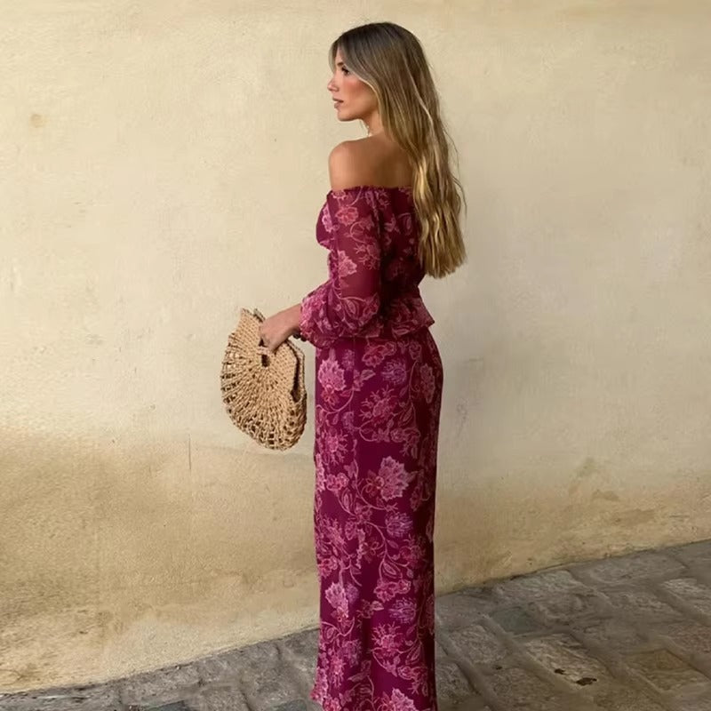 Elegant Print Slash Neck Strapless Backless Lantern Sleeve Tops High Waist Split Skirt Sets Mssza