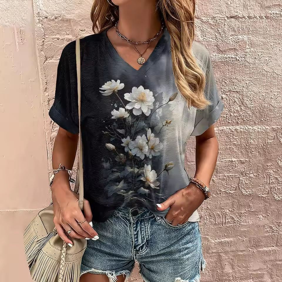 Elegant Printed Short Sleeve V Neck Pullover Slight Stretch T Shirts Mssza