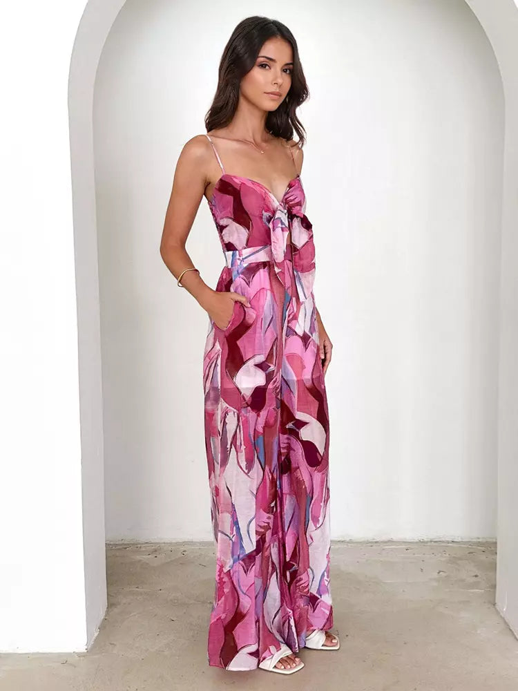 Elegant Printed Slip With Tie Front Wide Leg Jumpsuit Mssza