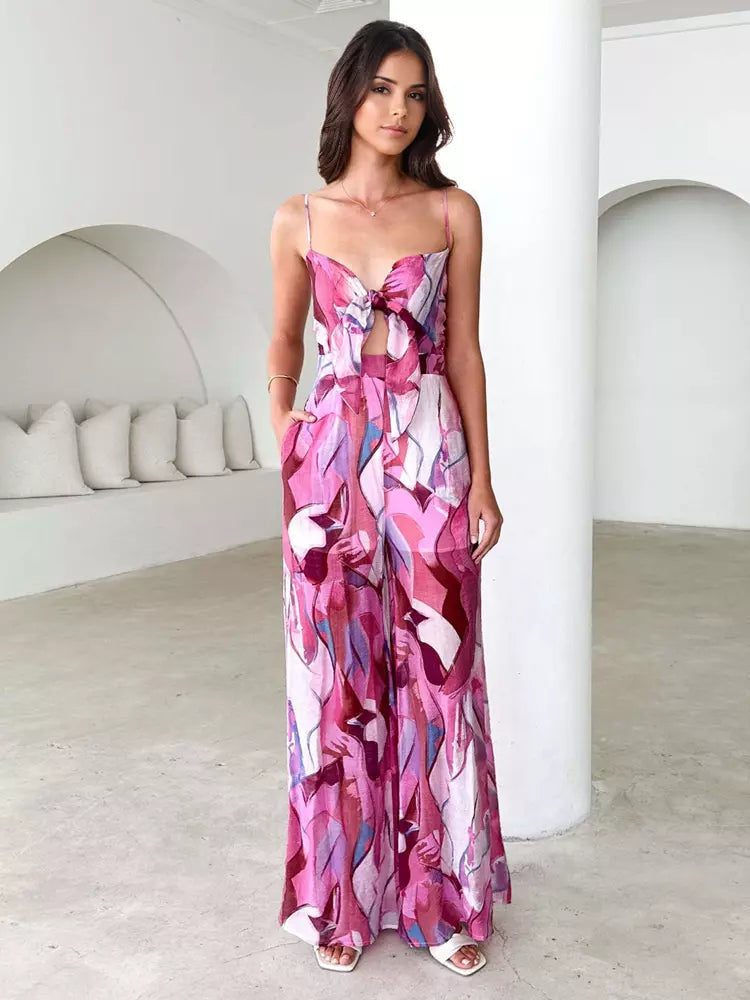 Elegant Printed Slip With Tie Front Wide Leg Jumpsuit Mssza