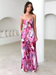 Elegant Printed Slip With Tie Front Wide Leg Jumpsuit Mssza