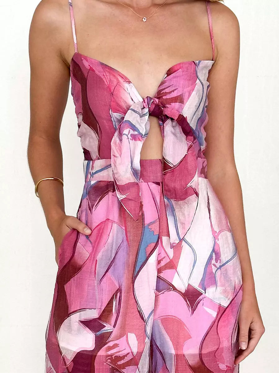Elegant Printed Slip With Tie Front Wide Leg Jumpsuit Mssza