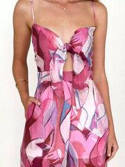 Elegant Printed Slip With Tie Front Wide Leg Jumpsuit Mssza