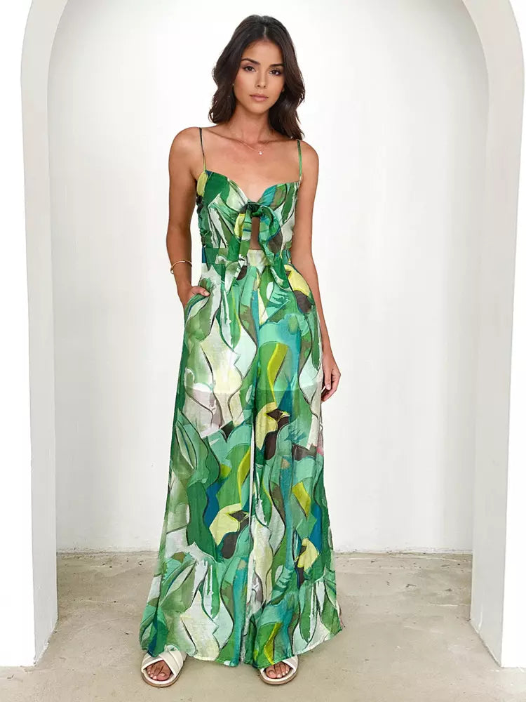 Elegant Printed Slip With Tie Front Wide Leg Jumpsuit Mssza