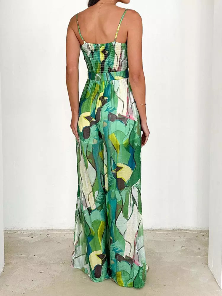 Elegant Printed Slip With Tie Front Wide Leg Jumpsuit Mssza